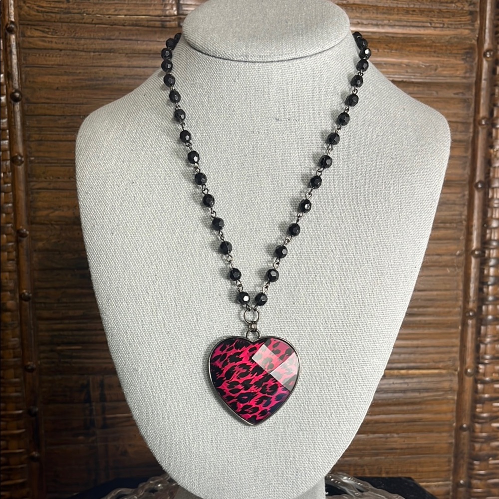 Y2K Heart Leopard Cheetah Animal Print Pendant on a Beaded Linked Necklace